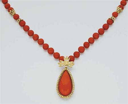 Lot image - Gold, Coral Bead and Diamond Pendant-Necklace