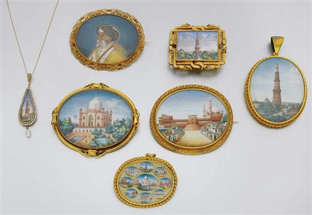 Lot image - Six Antique Gold and Painted Miniature Brooches and Pendant with Chain