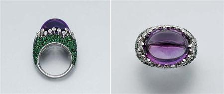 Lot image - Cabochon Amethyst, Green Garnet and Diamond Ring