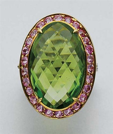 Lot image - Peridot, Pink Sapphire and Diamond Ring