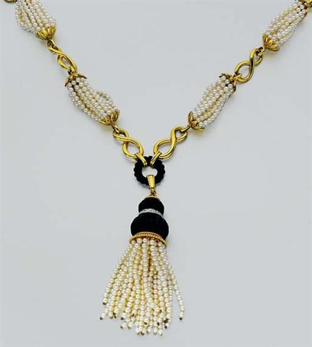 Lot image - Nine Strand Cultured Pearl, Gold, Black Onyx and Diamond Sautoir