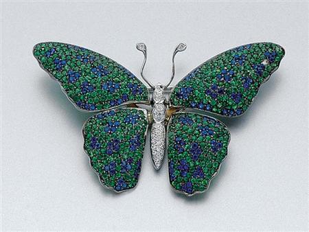 Lot image - Green Garnet, Sapphire and Diamond Butterfly Brooch