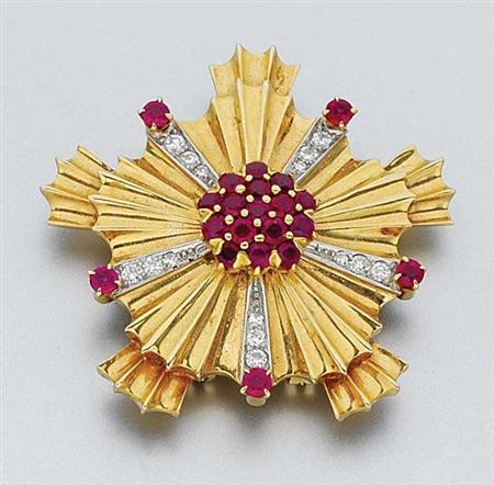 Lot image - Gold, Ruby and Diamond Clip-Brooch