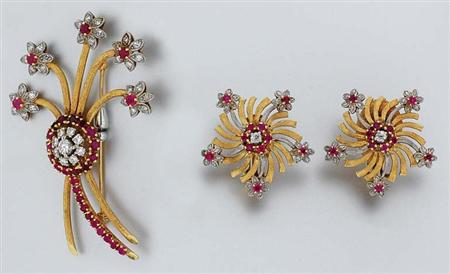 Lot image - Gold, Diamond and Ruby Brooch and Pair of Earclips