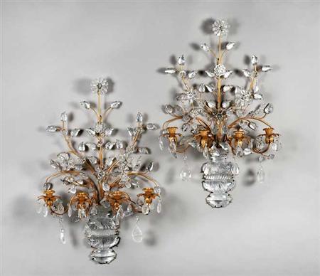 Lot image - Pair of Transitional Louis XV/XVI Style Gilt-Metal, Rock Crystal and Cut Glass Four-Light Sconces