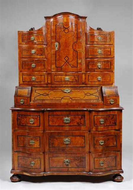 Lot image - German Baroque Inlaid Walnut and Burl-Walnut Schreibschrank