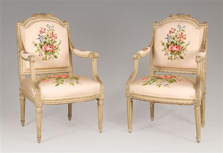 Lot image - Pair of Louis XVI Gray Painted Fauteuils