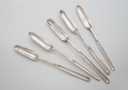 Lot image - Group of Five George II and George III Silver Marrow Spoons