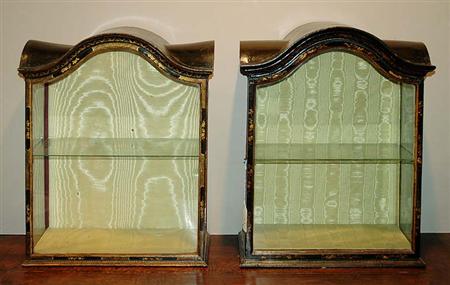 Lot image - Companion Pair of George III Gilt Decorated Black Lacquered Hanging Cabinets