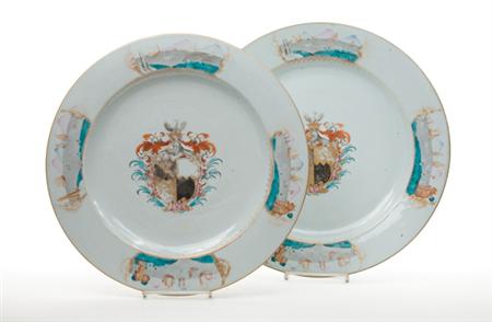 Lot image - Two Chinese Export Armorial Porcelain Chargers
