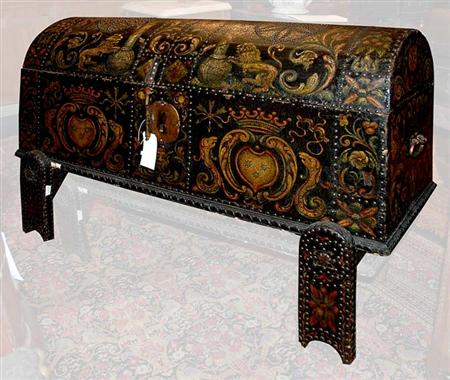 Lot image - Continental Baroque Style Painted Leather and Brass Mounted Trunk