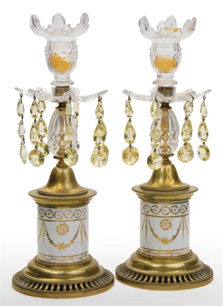 Lot image - Pair of Late George III Porcelain, Cut Glass and Gilt-Metal Candlesticks