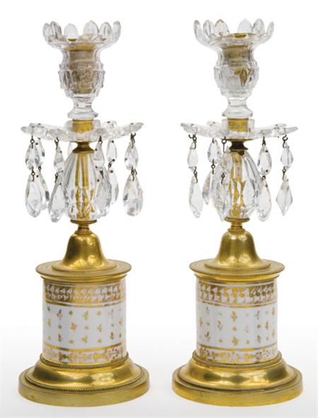 Lot image - Pair of Late George III Porcelain, Cut Glass and Gilt-Metal Candlesticks