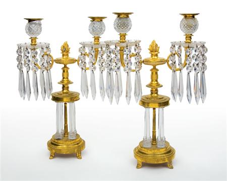 Lot image - Pair of Regency Style Gilt-Bronze and Cut Glass Two-Light Candelabra