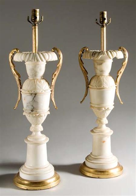 Lot image - Pair of French Style Gilt-Metal Mounted White Marble Two-Handled Lamps