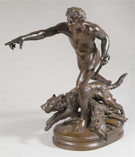 Lot image - Bronze Figure of a Hunter and Dog