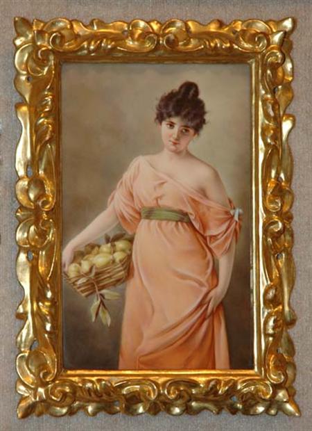 Lot image - Framed KPM Porcelain Plaque of a Fruit Seller