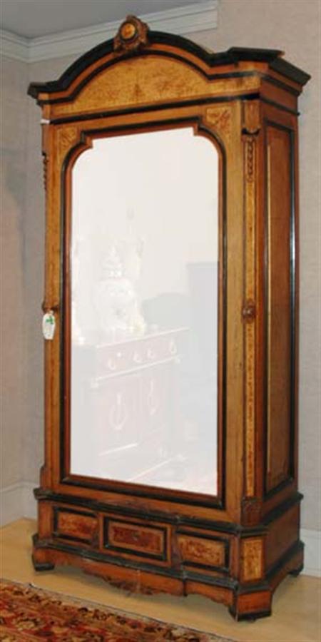 Lot image - Aesthetic Movement Oak, Maple and Parcel Ebonized Mirrored Armoire