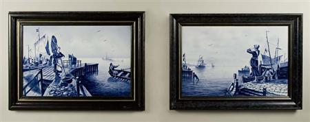 Lot image - Pair of Villeroy & Boch Blue and White Painted Ceramic Landscape Plaques