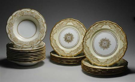 Lot image - Set of Twelve Royal Doulton Porcelain Service Plates; Together with a Set of Twelve Royal Worcester Porcelain Rim Soup Plates