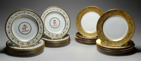 Lot image - Set of Twelve Mintons Porcelain Dessert Plates; Together with a Set Twelve Wedgwood Porcelain Dessert Plates