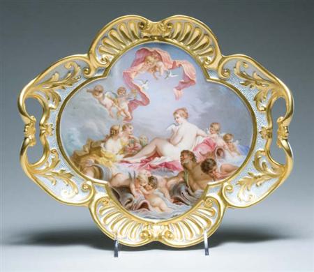 Lot image - Meissen Gilt Decorated and Painted Porcelain Two-Handled Tray
