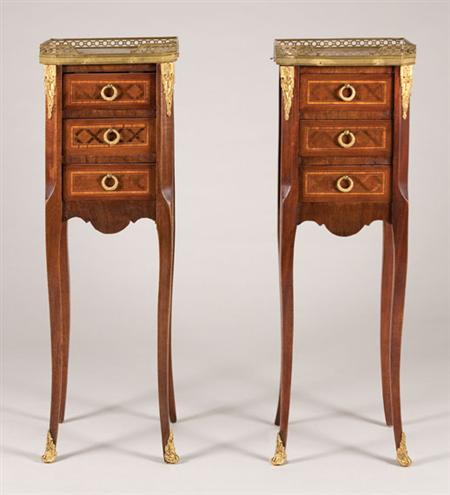 Lot image - Pair of Transitional Louis XV/XVI Style Gilt-Metal Mounted Parquetry Inlaid Walnut Salon Tables