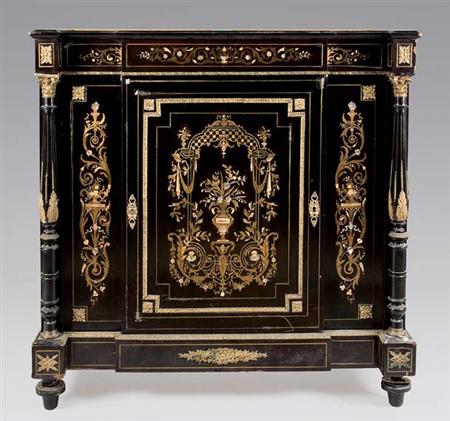 Lot image - Napoleon III Gilt-Metal Mounted, Brass and Mother-of-Pearl Inlaid Ebonized Side Cabinet