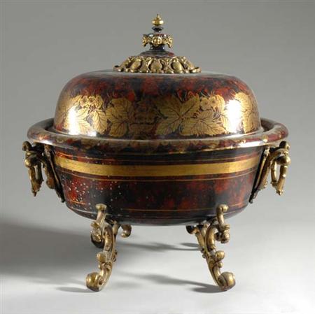 Lot image - Regence Style Metal-Mounted and Painted Metal Two-Handled Covered Coal Bin