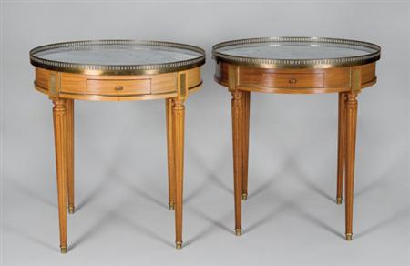 Lot image - Pair of Louis XVI Style Gilt-Metal Mounted Fruitwood and Mahogany Bouillotte Tables