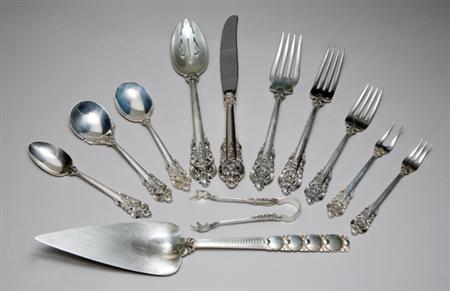Lot image - Wallace Sterling Silver Flatware Service; Together with Three Tiffany & Co. Sterling Silver Pieces and a Sterling Silver Carving Set
