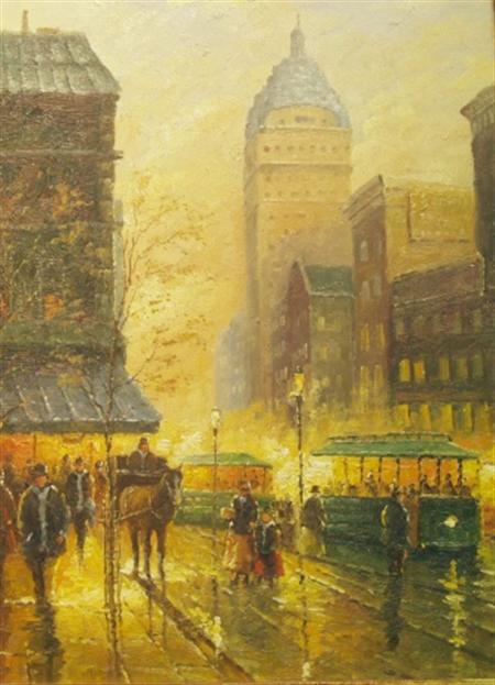 Lot image - Rene Rambert French, 20th Century Street Scene with Trollies and a Carriage