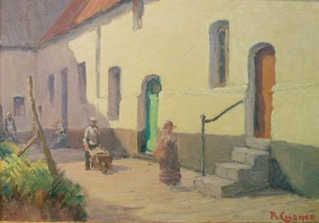 Lot image - Robert Cusner Belgian, 20th Century Shadowed Street Scene with Figures
