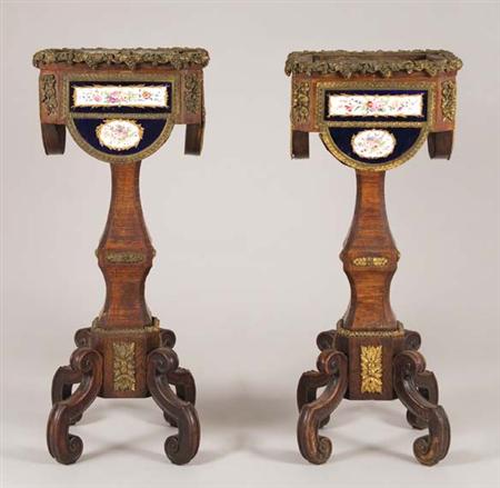 Lot image - Pair of Louis XVI Style Gilt-Metal and Porcelain Mounted Walnut Jardiniere Stands