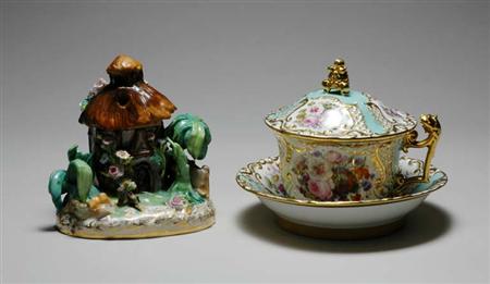 Lot image - Jacob Petit Porcelain Covered Cup and Saucer; Together with a Jacob Petit Covered Box