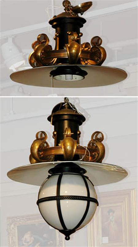 Lot image - Pair of Art Deco Style Hammered Brass and Painted Metal Light Fixtures