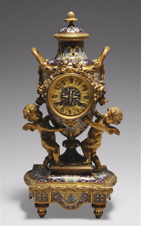 Lot image - Louis XVI Style Gilt-Bronze and Cloisonne Enameled Figural Mantel Clock