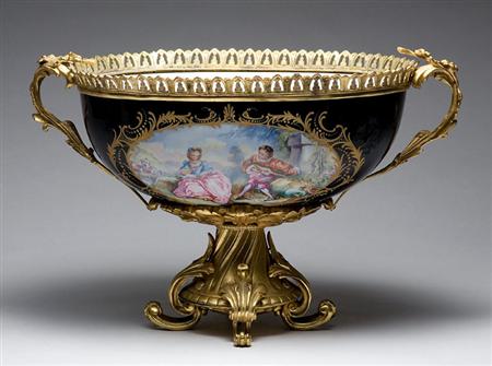 Lot image - Sevres Style Gilt-Metal Mounted Porcelain Two-Handled Footed Centerpiece