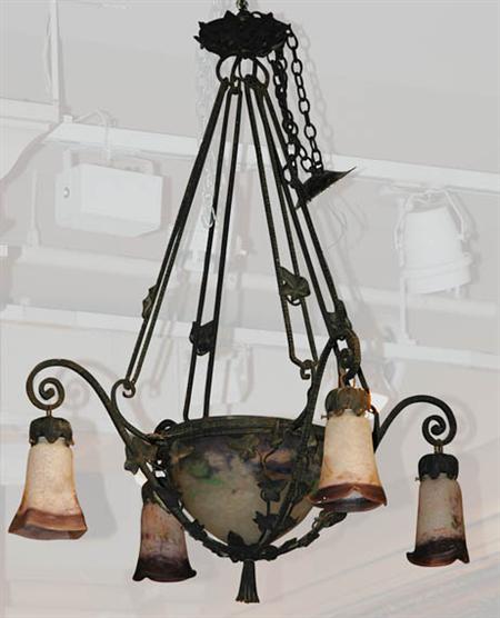 Lot image - Muller Freres Glass and Wrought Iron Five-Light Chandelier