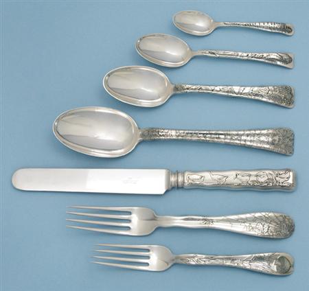Lot image - Tiffany & Co. Sterling Silver Flatware Service; Together with a Small Sauce Ladle and a Silver Plated Master Spreader
