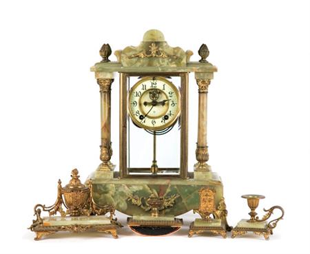 Lot image - Louis XVI Style Gilt-Metal Mounted Green Onyx Mantel Clock; Together with a Louis XVI Style Gilt-Bronze and Green Onyx Desk Set