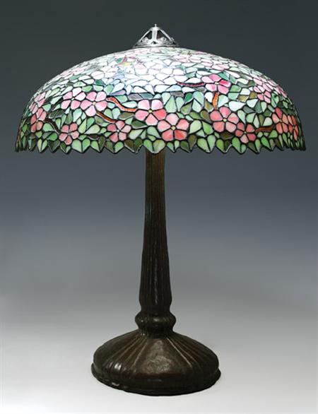 Lot image - American Apple Blossom Leaded Glass and Bronze Patinated Metal Five-Light Lamp