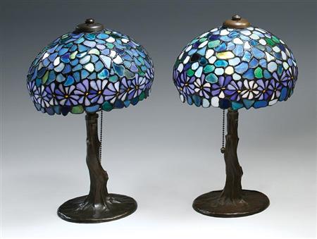 Lot image - Companion Pair of Handel Leaded Glass and Patinated-Metal Boudoir Lamps