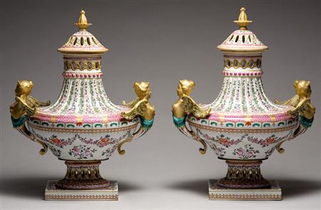 Lot image - Pair of Sevres Style Reticulated Porcelain Potpourri Vases