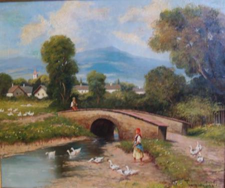 Lot image - Laszlo Neogrady Hungarian, 1900-1962 Geese and Girls by a Stream
