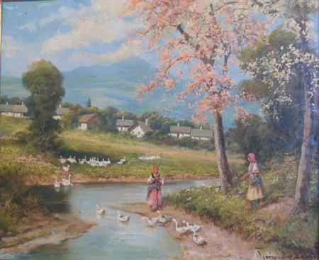 Lot image - Laszlo Neogrady Hungarian, 1900-1962 Geese and Girls Under Flowering Trees