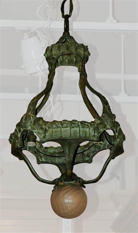 Lot image - Art Nouveau Green Patinated-Bronze Five-Light Chandelier