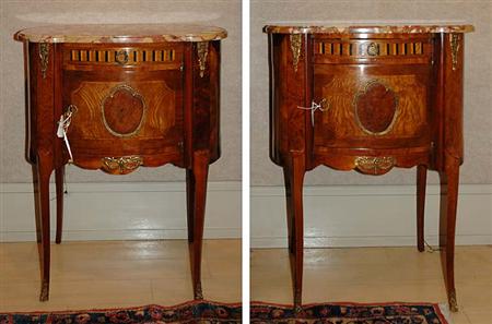 Lot image - Pair of Transitional Louis XV/XVI Style Gilt-Metal Mounted Parquetry Inlaid Walnut Side Tables
