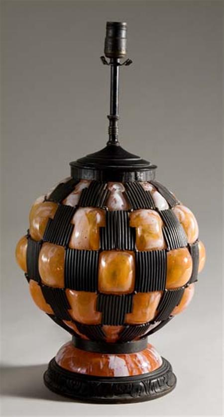 Lot image - French Art Deco Wrought Iron and Glass Blow-Out Lamp