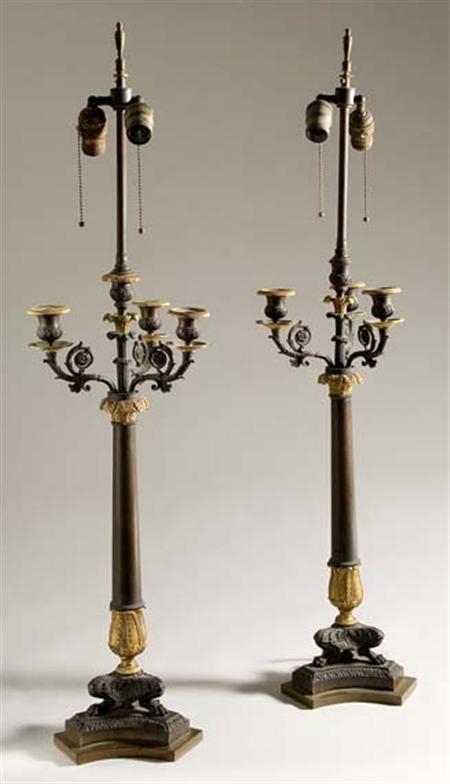 Lot image - Pair of Empire Style Gilt and Patinated-Bronze Four-Light Candelabra